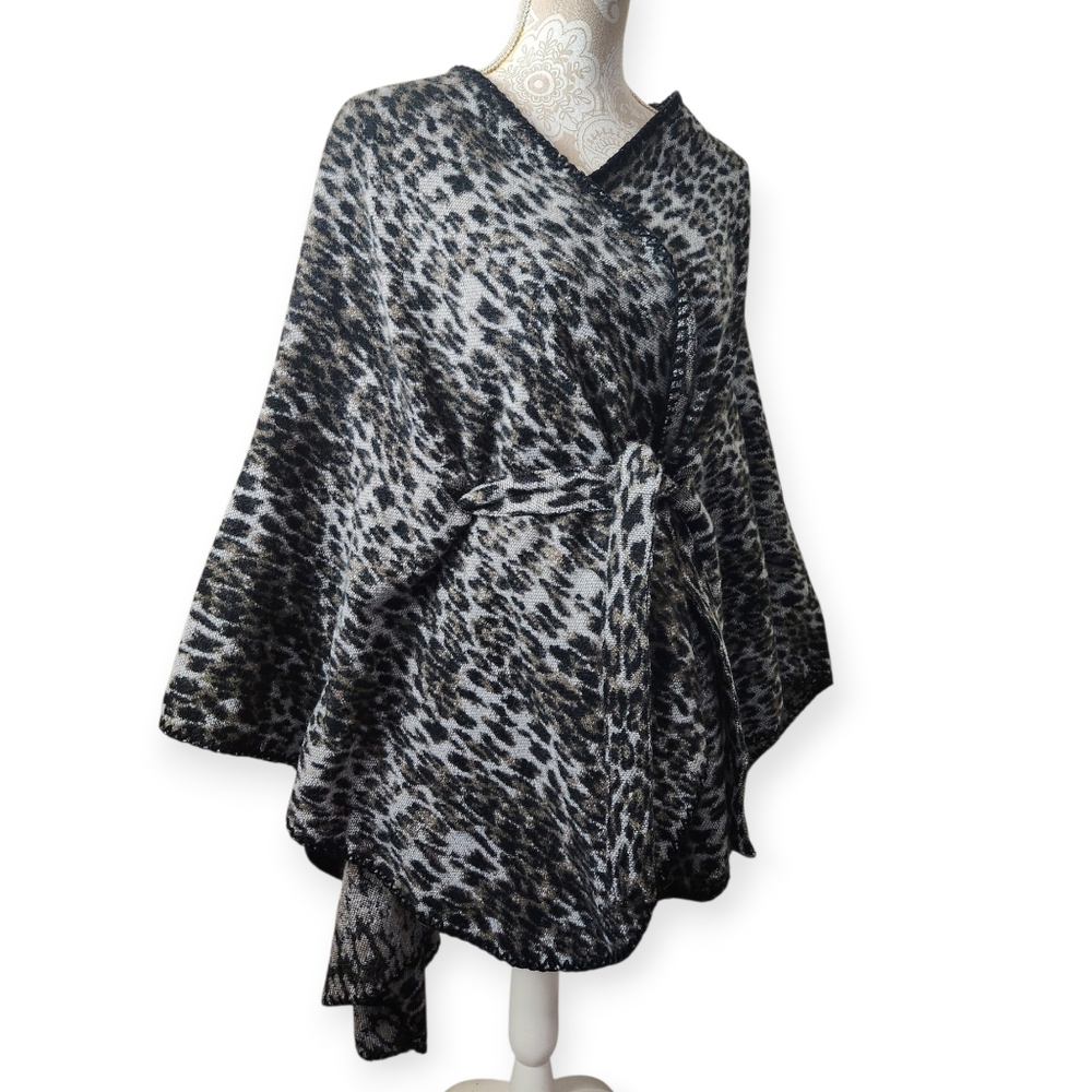 Anne Klein Leopard Lagenlook Belted Poncho Shawl Sweater Oversized One Size